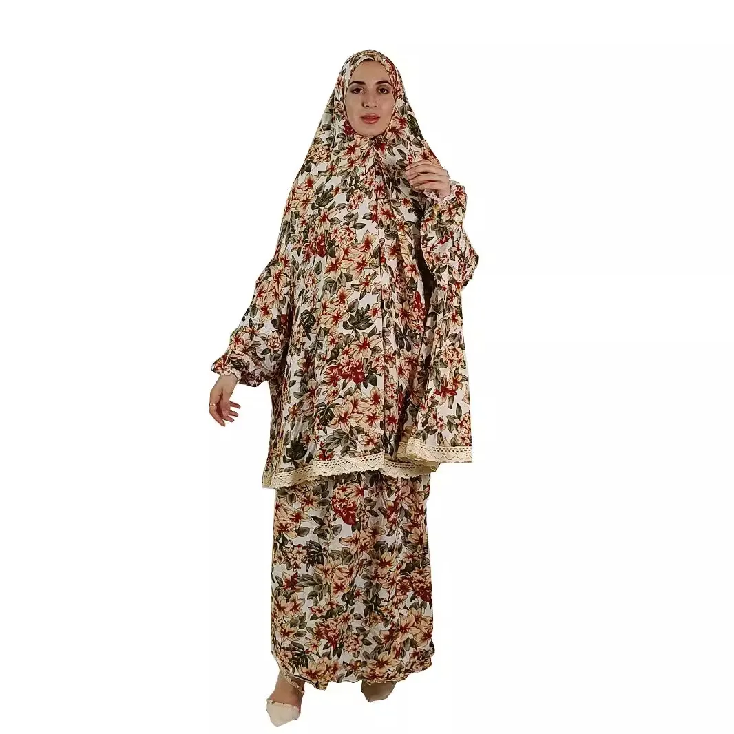 

Middle East Plus Size Women's New Muslim Lace Hooded Prayer Robe Fashion African Flower Robe Dress Breathable Rayon Adults Hijab