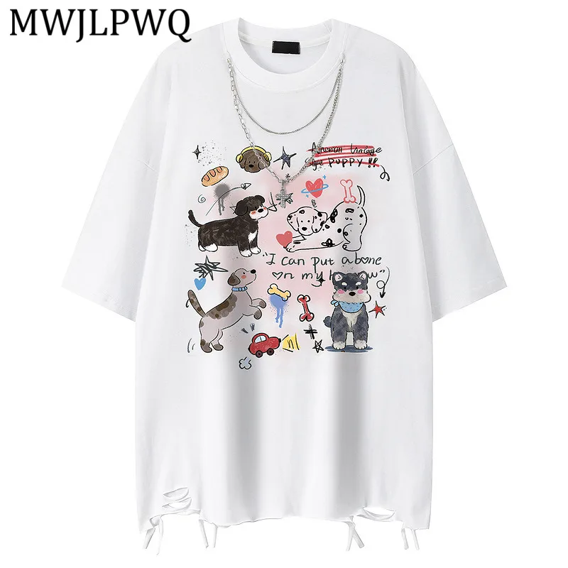 

MWJLPWQ Printed Ripped Short-Sleeve T-Shirt For Men 2026 New Street Loose Style Heavy-Duty Couple's Round Collar Tops 15394