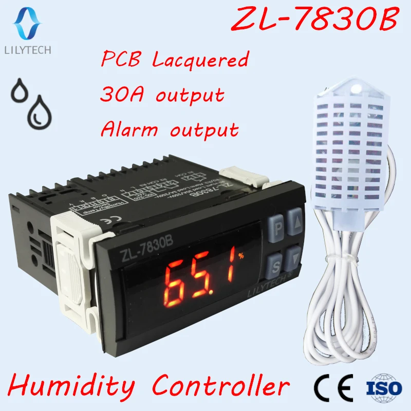 

ZL-7830B, 30A relay, 100-240Vac, Digital, Humidity Controller, Hygrostat, with Alarming output, Lilytech