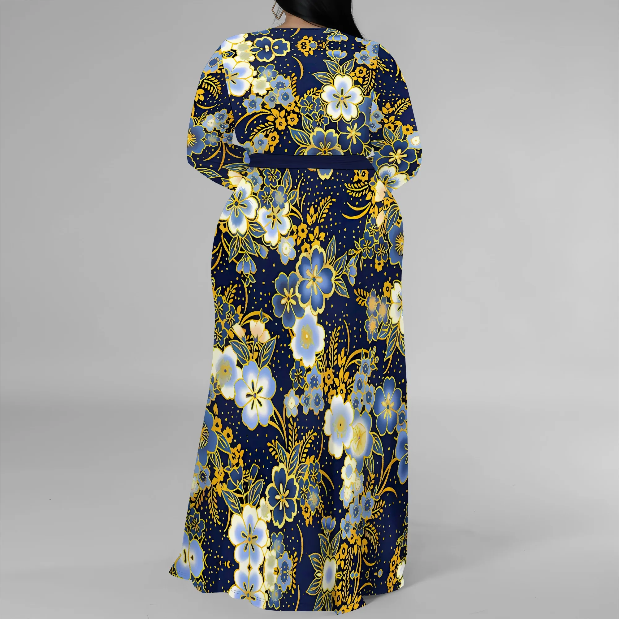 Plus Size Long Sleeve Blue Yellow Floral Wrap Maxi Dress for Women, Elegant Dress with Side Slit for Evening Wear