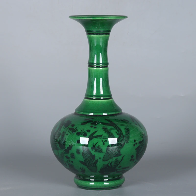 Jingdezhen Antique Vase Qianlong Qing Dynasty Jadeite Glaze Split Fish Algae Pattern Vase Antique Porcelain Ornaments