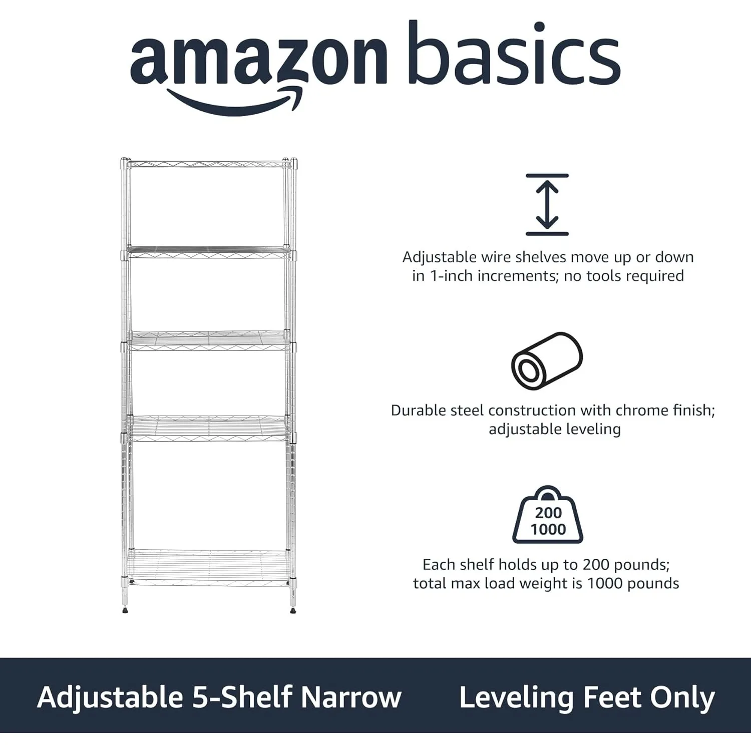 Amazon Basics 5-Shelf Adjustable, Storage Shelving Unit, (200 Pound Loading Capacity per Shelf), Steel Organizer Wire Rack