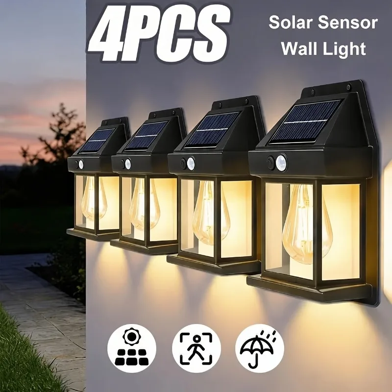Outdoor Solar Lights Exterior Wall Sconces with Human Motion Sensor 3 Modes Automatic On/Off for Courtyard Garden Patio Fence