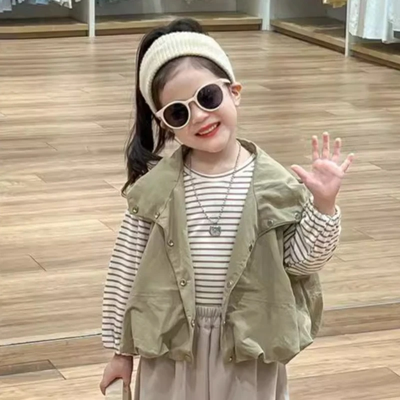 

Kids 2025 Spring Japan & Korean Style Utility Vest Sleeveless Solid Color Jacket Casual Loose Fit Daily Outerwear