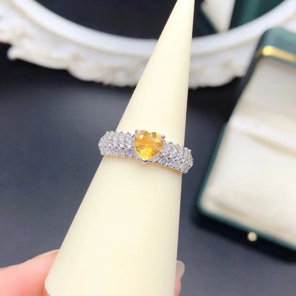 Dazzling Natural Gemstone Ring for Engagement 6mm Heart Shape Amethyst Citrine 925 Silver Ring with 3 Layers 18K Gold Plated