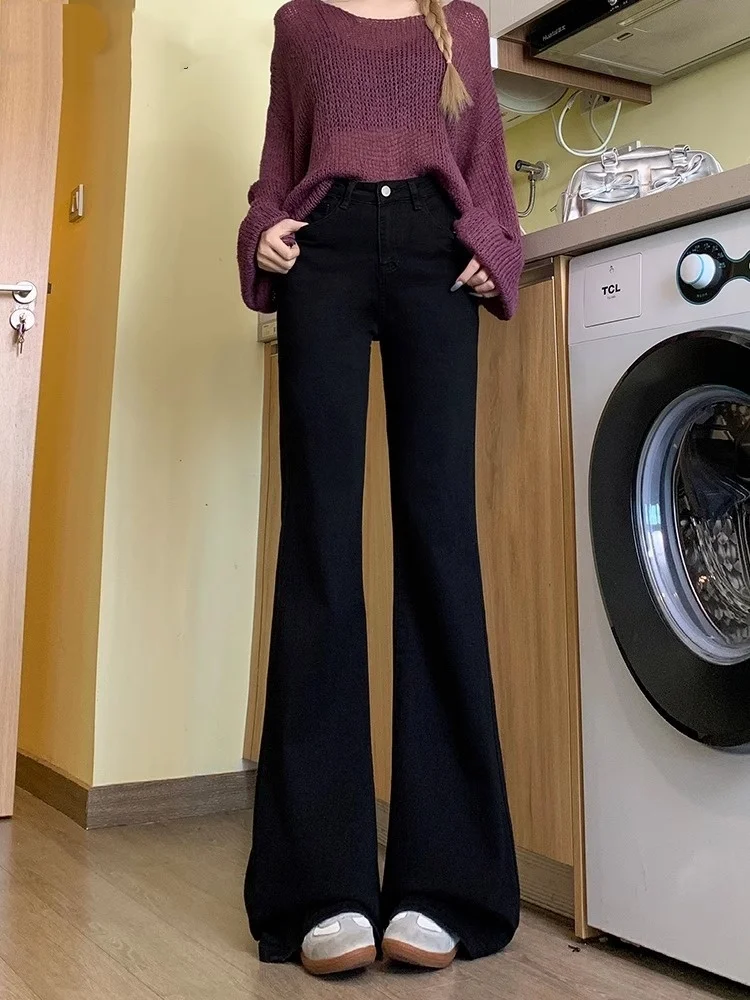 High Waist Slim Fit Bootcut Jeans Women's Elastic Black Denim Pants Long Trousers Casual Style Button Closure Everyday Wear