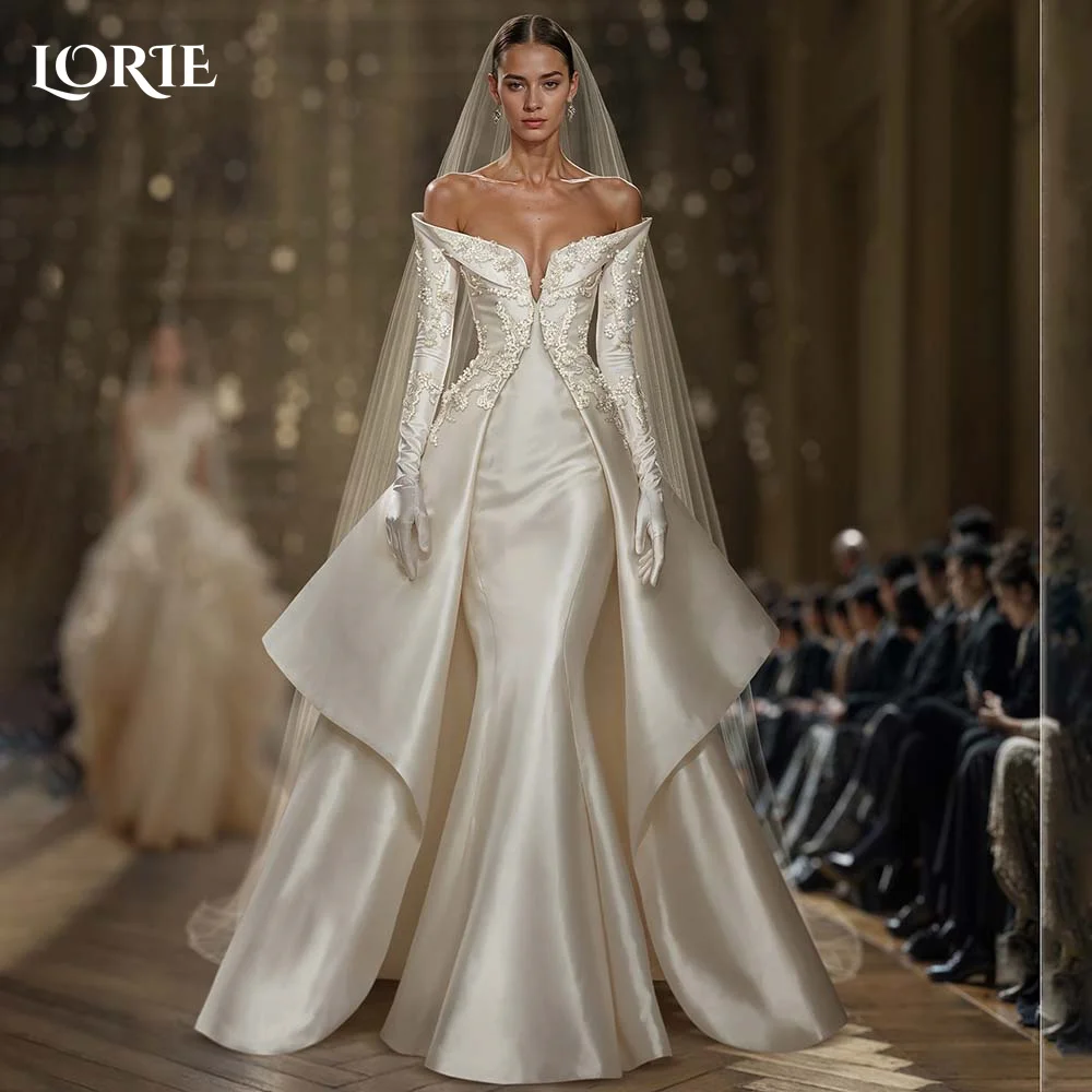 LORIE-vestidos de novia con hombros descubiertos, satén brillante, manga larga, encaje, apliques personalizados, tren, vestido de novia sirena 2024