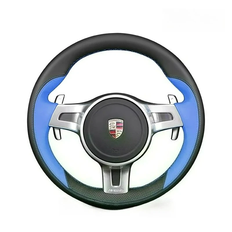 

Для Porsche 911 Boxster 981 Cayman Cayenne Panamera 2009-2016 Нескользящий черный, синий кожаный чехол на руль автомобиля с ручной прошивкой