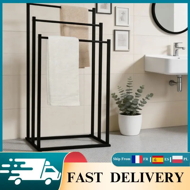 Porte-serviettes de salle de bain en métal à 3 niveaux, sur pied, avec base élargie stable, pour serviettes et peignoirs humides