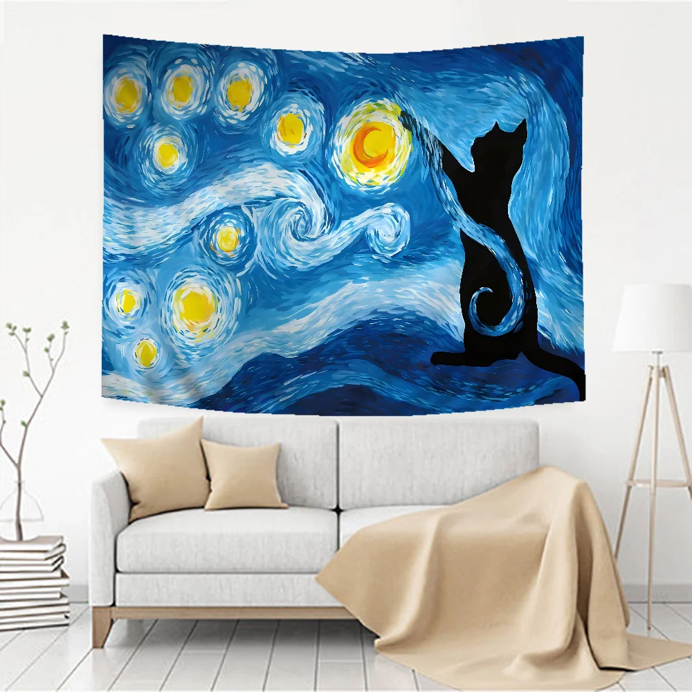 Van gogh czarny kot gobelin druk artystyczny tanie hipisowskie wiszące artystyczne gobeliny ścienne Mandala Art Home Decor