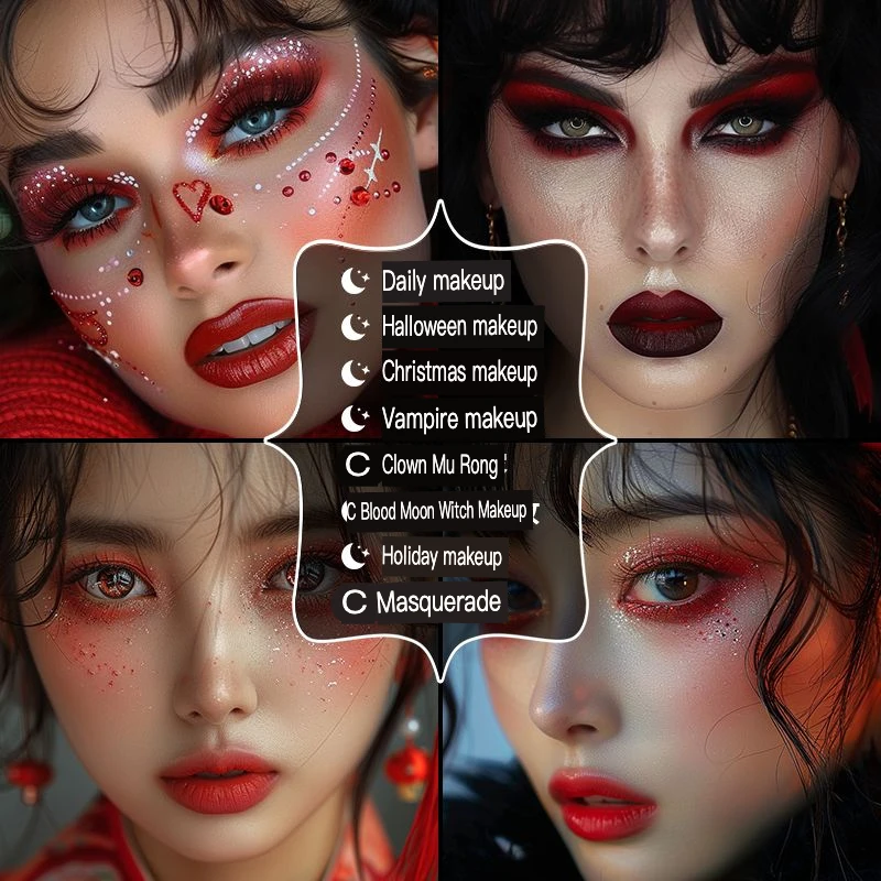 Ucanbe 15-color Eyeshadow Palette, Advanced Red Flame Makeup, Red Makeup, Dance Party, Smoky Special Effects Makeup, Halloween