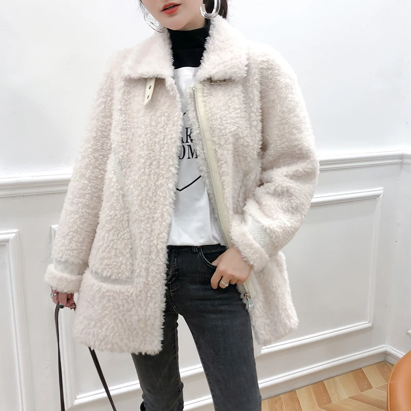 AYUNSUE moda donna cappotti invernali Shearling di pecora cappotto di pelliccia abbigliamento donna cappotto di pelliccia di lana fodera in pelle scamosciata calda giacca di pelliccia femminile Lq