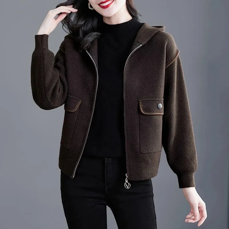 2023 Autumn Winter Advanced Sense Double-sided Cashmere Woolen Coat Women Casual Zipper Mother Outwear Hooded Short Wool Jacket