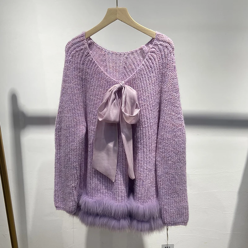 

Осень 2024, женский свитер с украшением из натурального лисьего меха, весенний новый дизайн, вязаная куртка