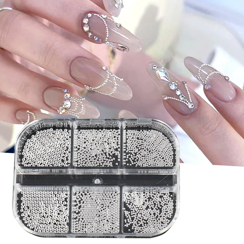 6 Grids Mini Caviar Nail Beads 0.6-2mm Silver Stainless Beads Jewelry Metal Tiny Balls DIY Charm Accessories Manicure Decoration