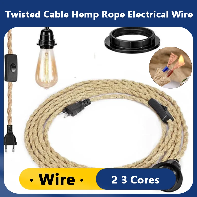 

1~10M Twisted Cable Hemp Rope Electrical Wire 2/3 Core Retro Style Copper Vintage Lamp Line Woven Textile Pendant Light Cord