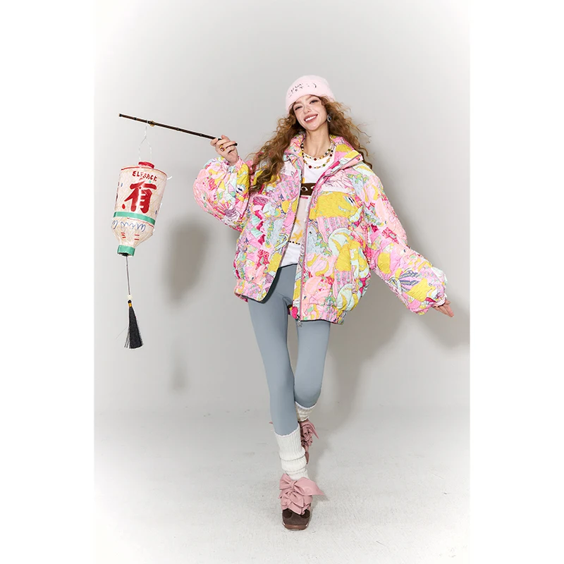 ELFSACK Y2K Sweet Playful Loose Original All Over Graphic Lapel Bomber Down Jacket For Women