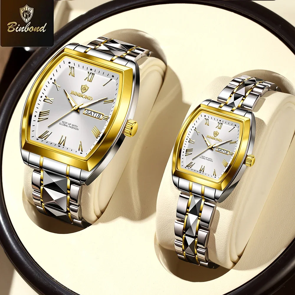 BINBOND 2pcs/Set Couple Quartz Watches Fashion Square Wateproof Lover Watch Luminous Date Week Men Ladies Casual Wristwatch
