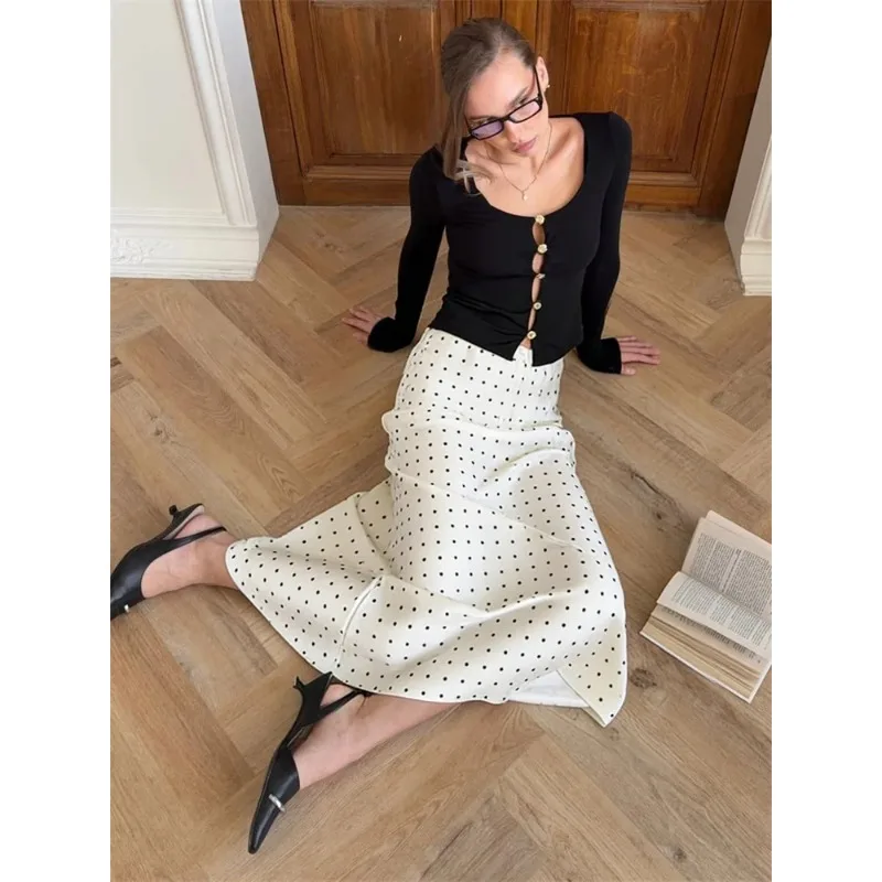 

Новая женская длинная юбка макси в горошек с высокой талией, прямая, приталенная, в стиле Y2K, контрастных цветов, белая, с принтом, осенняя