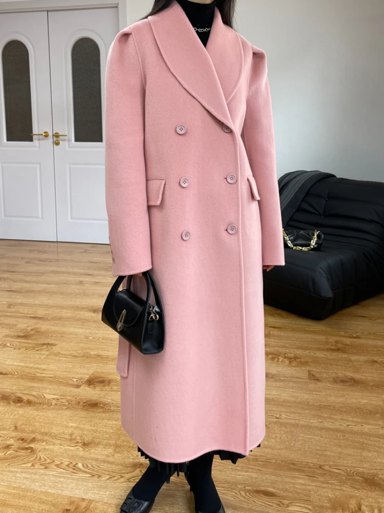 

High Quality Double-sided Wool Cashmere Coat Women Loose Lapel Puff Sleeve Woolen Coats Feminine Elegant Lace-up Autumn Winter