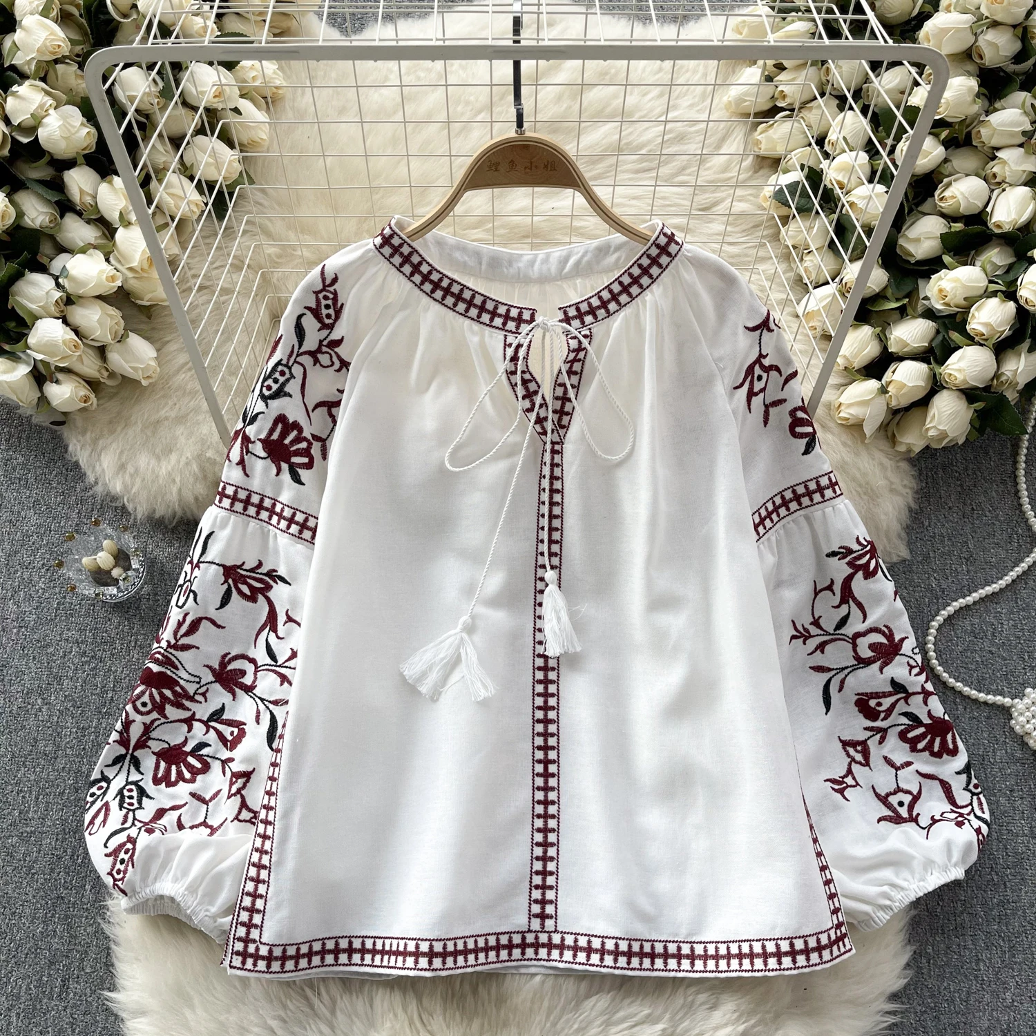 Vintage Elegant Embroidery Lace Up Puff Long Sleeve Loose Blouse Fashion Lapel Shirt Casual Chic Top Fairy Summer Women Shirt
