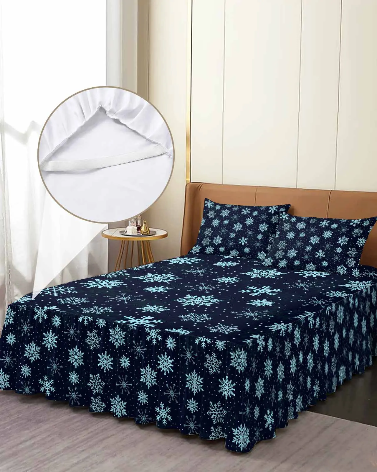 

Snowflake Christmas Winter Skirt Elastic Fitted Bedspread With Pillowcases Mattress Cover Bedding Set Bed Sheet