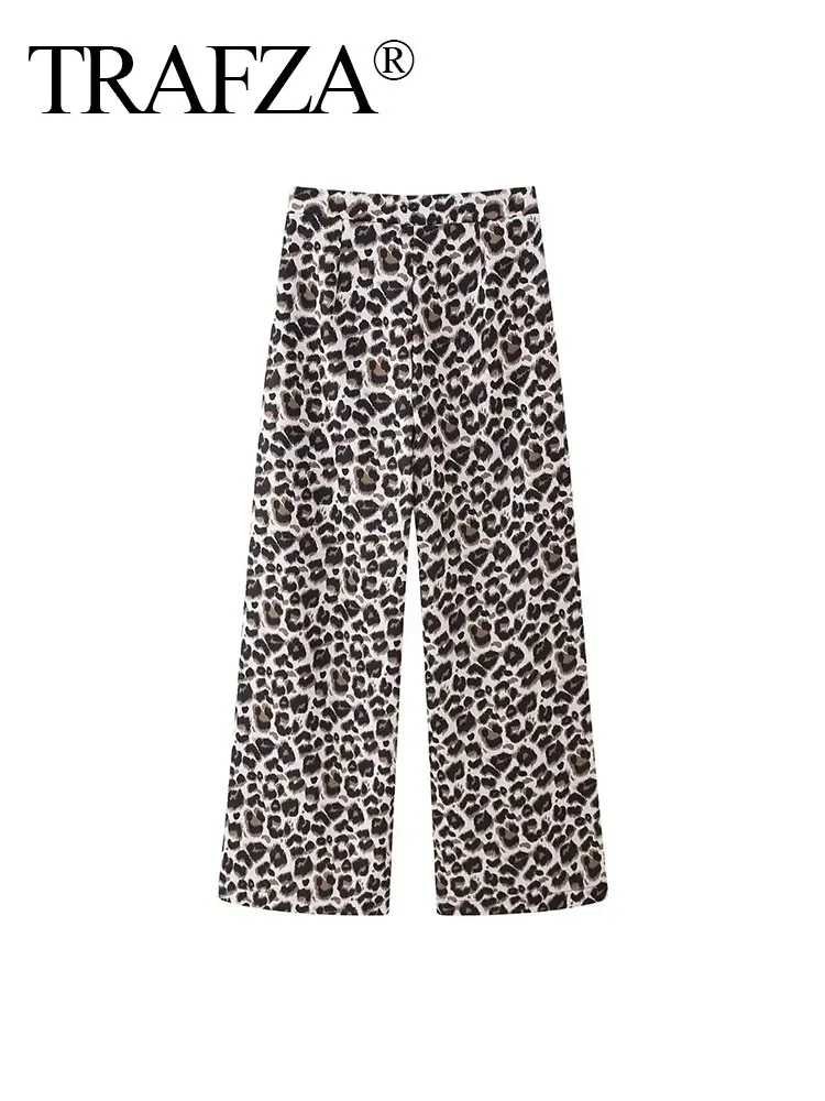 TRAFZA 2024 Retro Leopard Print Straight Trousers 2024 Women\'s Summer Fashion High Waist Pleated Wide Leg Street Chic Pants