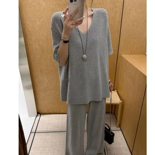Korean Style Knitted Set Women's Lazy Style Small Size Top Wide Leg Pants Casual Two Piece Set Trendy V Neck Breathable