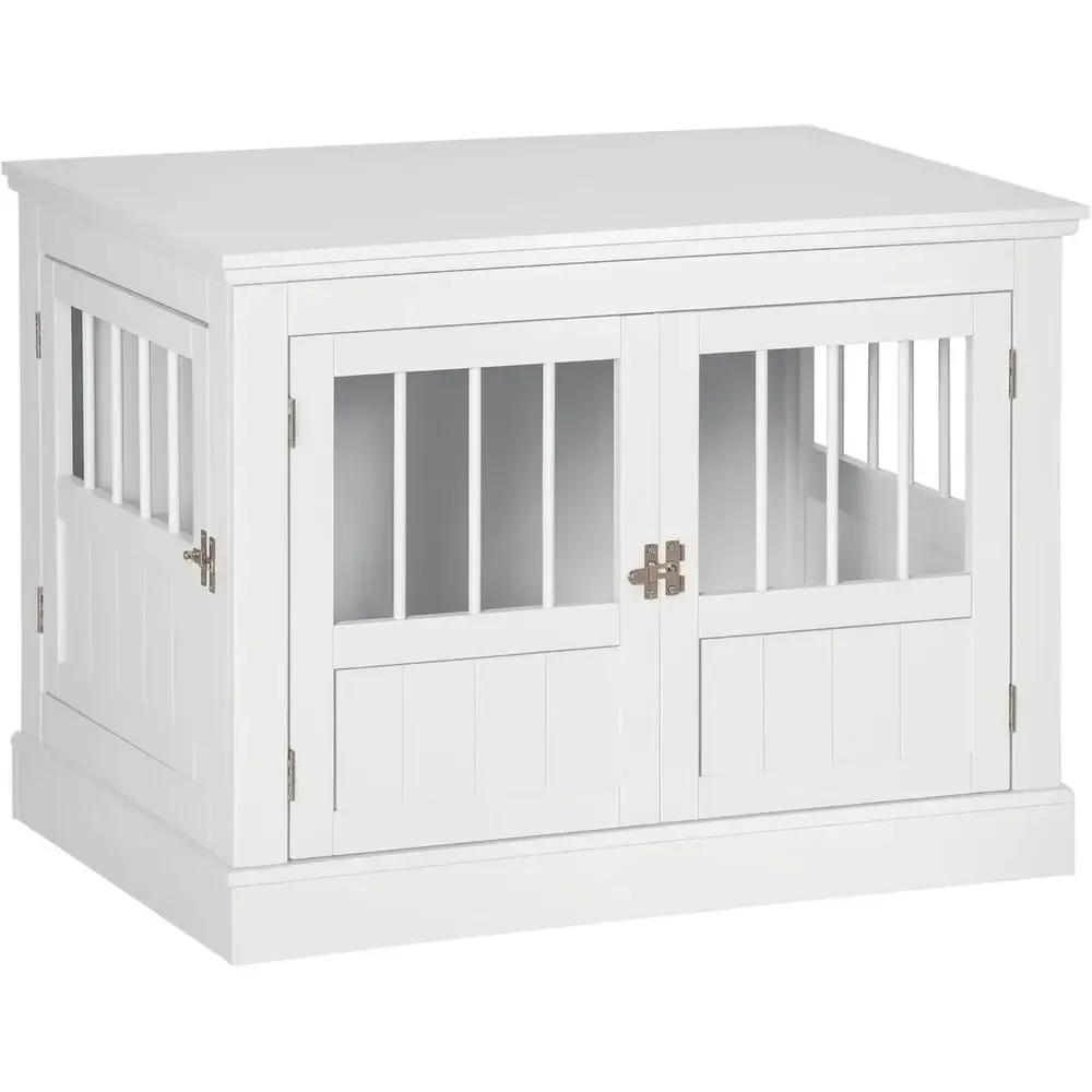 

Triple Door Wooden Dog Crate Table, Indoor Furniture for Small Dogs, White
