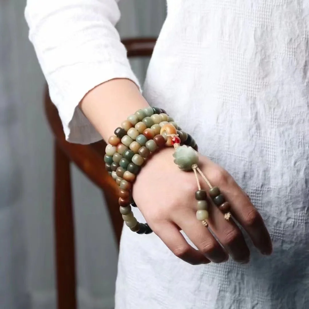 Natural White Jade Bodhi Root 108 color Weathered Yellow Green Bracelet Bracelet Round Bead Barrel Color Bodhi Bracelet