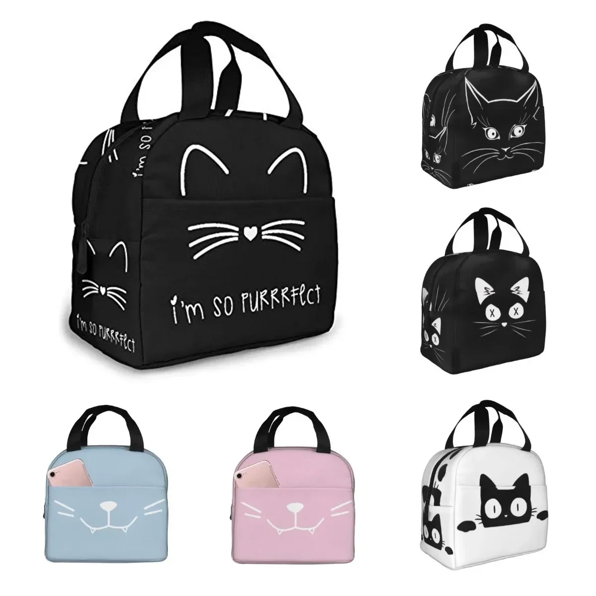 Black Cat Lunch Bag for Women Insulated Lunch Box with Front Pocket for Work Reusable Cooler Tote Bag for Office School Picnic