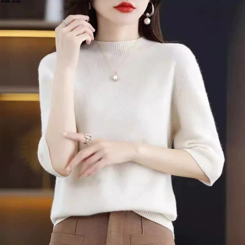 2026 New Soft Short Sleeve Women's Half High Neck Overhead Wool Blend Simple Loose Thin Seven Sleeve Wool Sweater