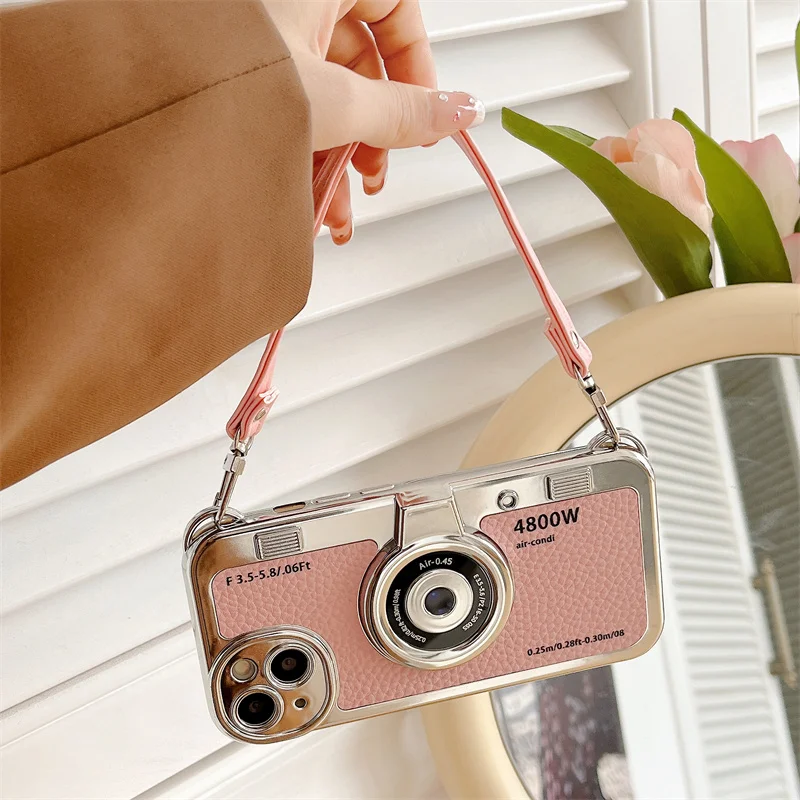 classic Emily In Paris Retro Camera For iPhone 14 16 plus 15 13 12 16 11 pro max aslant Lanyard Camera Phone Leather cover case