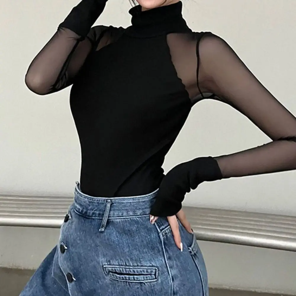 Unique High Collar Long Sleeve Jumpsuit Translucent Slim Fit Romper Shorts All-match Simple Tights Women Female