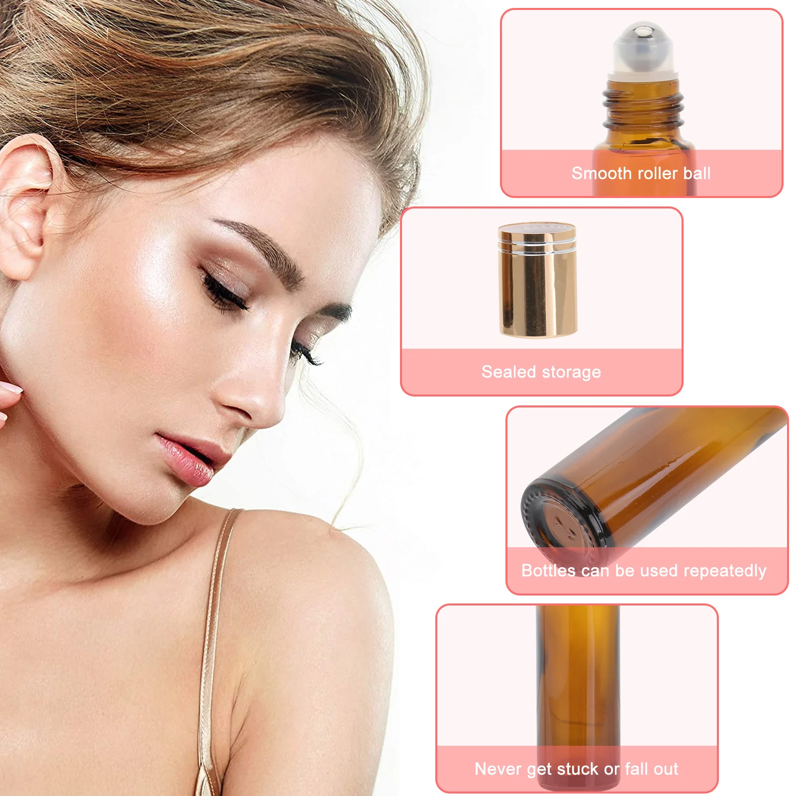 8개 롤온 유리병 10ml 리필 가능한 에센셜 오일 용기 스테인리스 스틸 롤러 아로마테라피 향수 오일병 누출 방지