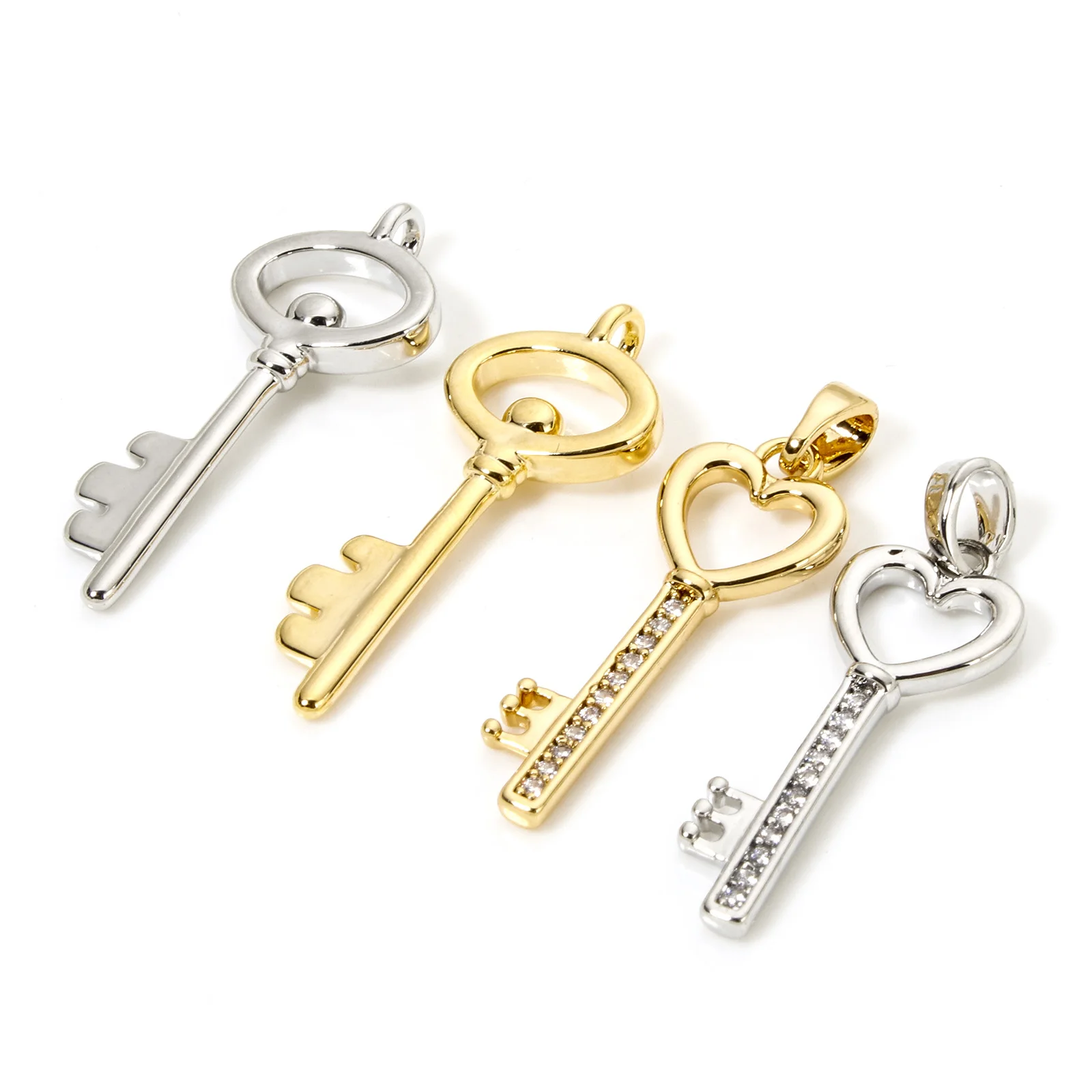 2pcs New Brass Charms Multicolor Heart Key Hollow Rhinestone Pendants DIY Necklace Earrings For Women Men Party Jewelry Findings