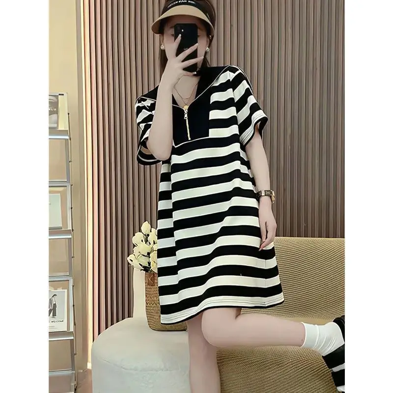 Fashion Loose Zipper Patchwork T Shirt Dress Summer Short Sleeve Striped All-match Casual Dresses Vintage Korean Women Clothing