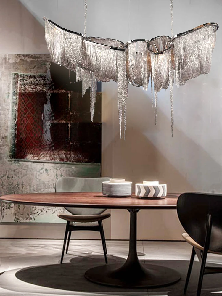 Postmodern Creative Curved Chandeliers Metal Tassel Hanging Lamp Bar Long Room Pendant Lighting Fixtures Dining Room Lustre