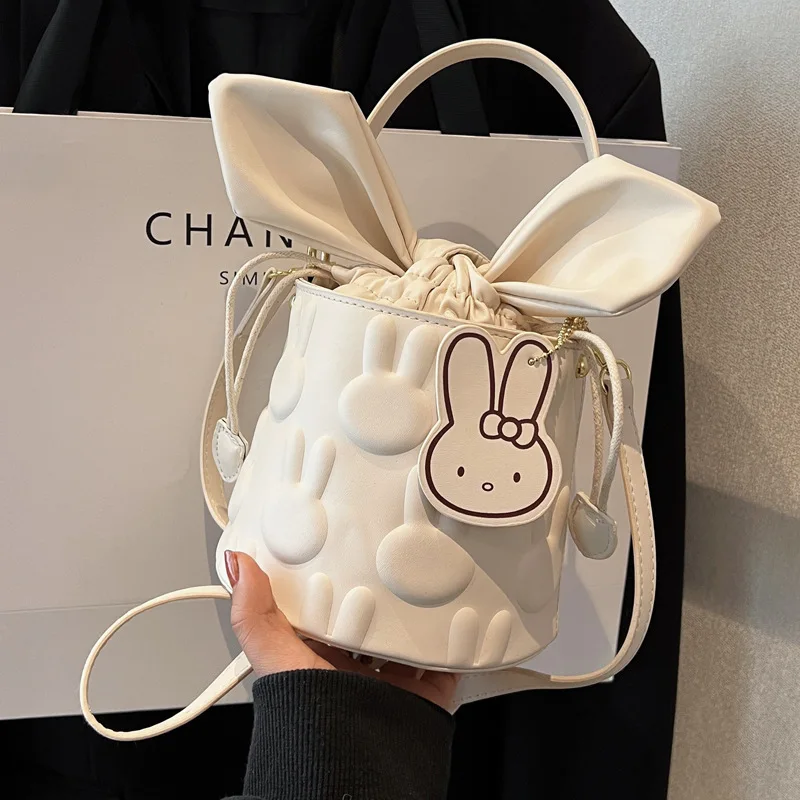 

Cute Girl PU Bucket Handbags Bag Drawstring Design Cute Rabbit Pattern 2023 Cute Purses and Designer Bag