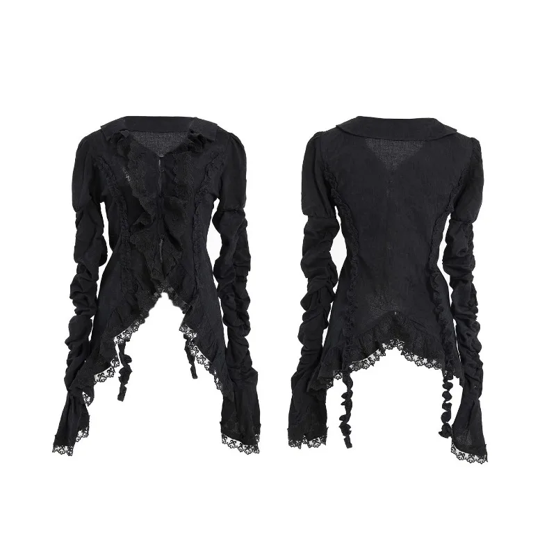 Stylish Women\'s Blouse Black Long Sleeve Top Gothic Ruffles Shirts Grunge Flare Sleeve Punk Shirt Korean Style Women Clothing