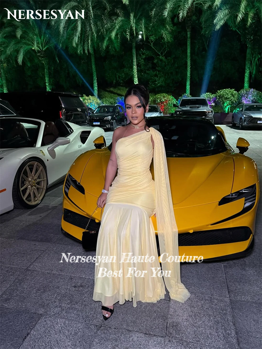 Nersesyan – robe de soirée de forme sirène, asymétrique épaule dénudée, manches Cape, plissée, élastique, robes de bal, personnalisées, 2025