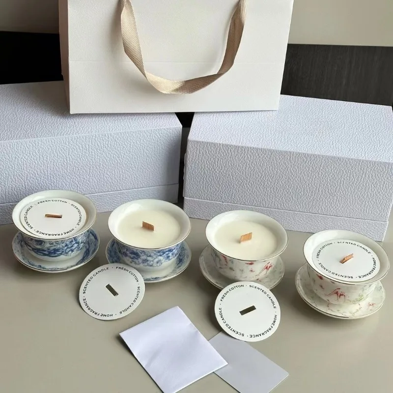 

120g Tea Cup Scented Candle Retro Ink Painting Air Fragrance Diffuser Home Office Aromatherapy Decoration Exquisite Gift Box