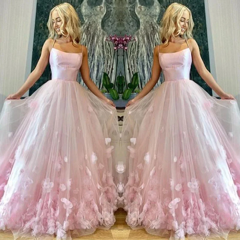 

Customized Sexy Organza A-Line Spaghetti Straps 3D Flowers Evening Dress Delicate Strapless Sleeveless Floor Length Party Gowns