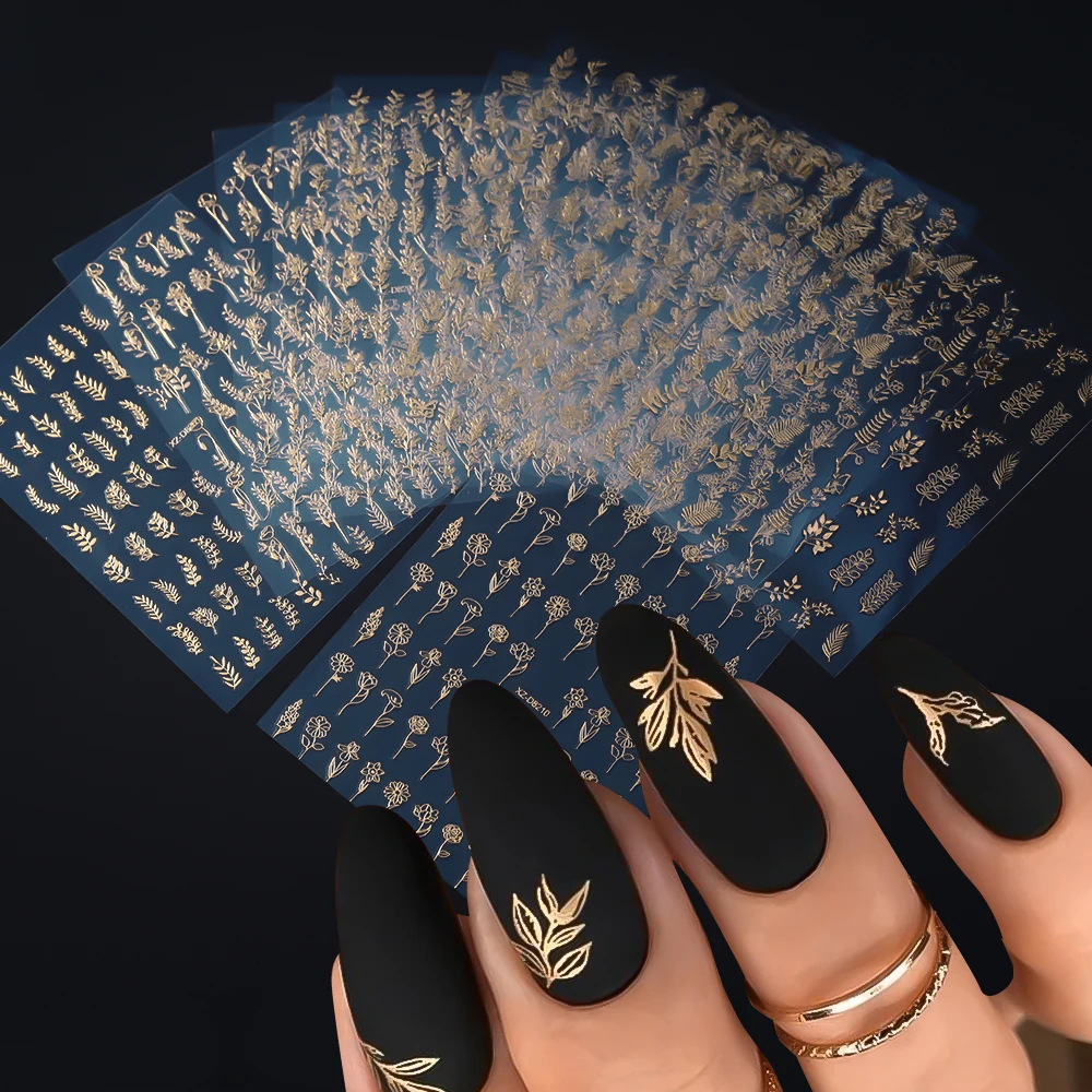 9 Colors Total 108 12 Pcs/Set Of Golden Delicate Flower And Leaf Nail Stickers Metal Texture Self-Adhesive Diy Retro Decoration