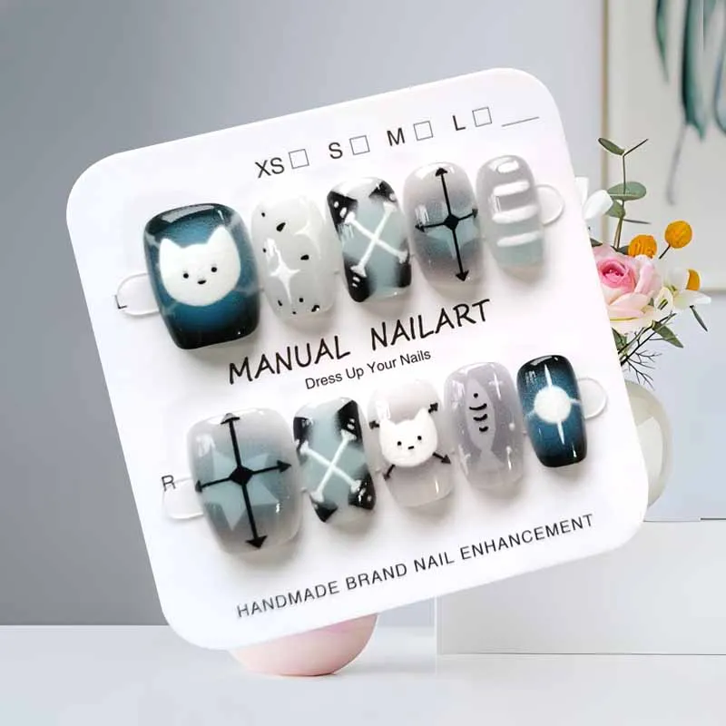 10 pièces dessin animé mignon chat noir bleu gris géométrie à la main presse sur les ongles tête carrée Patch pour ongles oeil de chat Patch pour ongles faux ongles Art