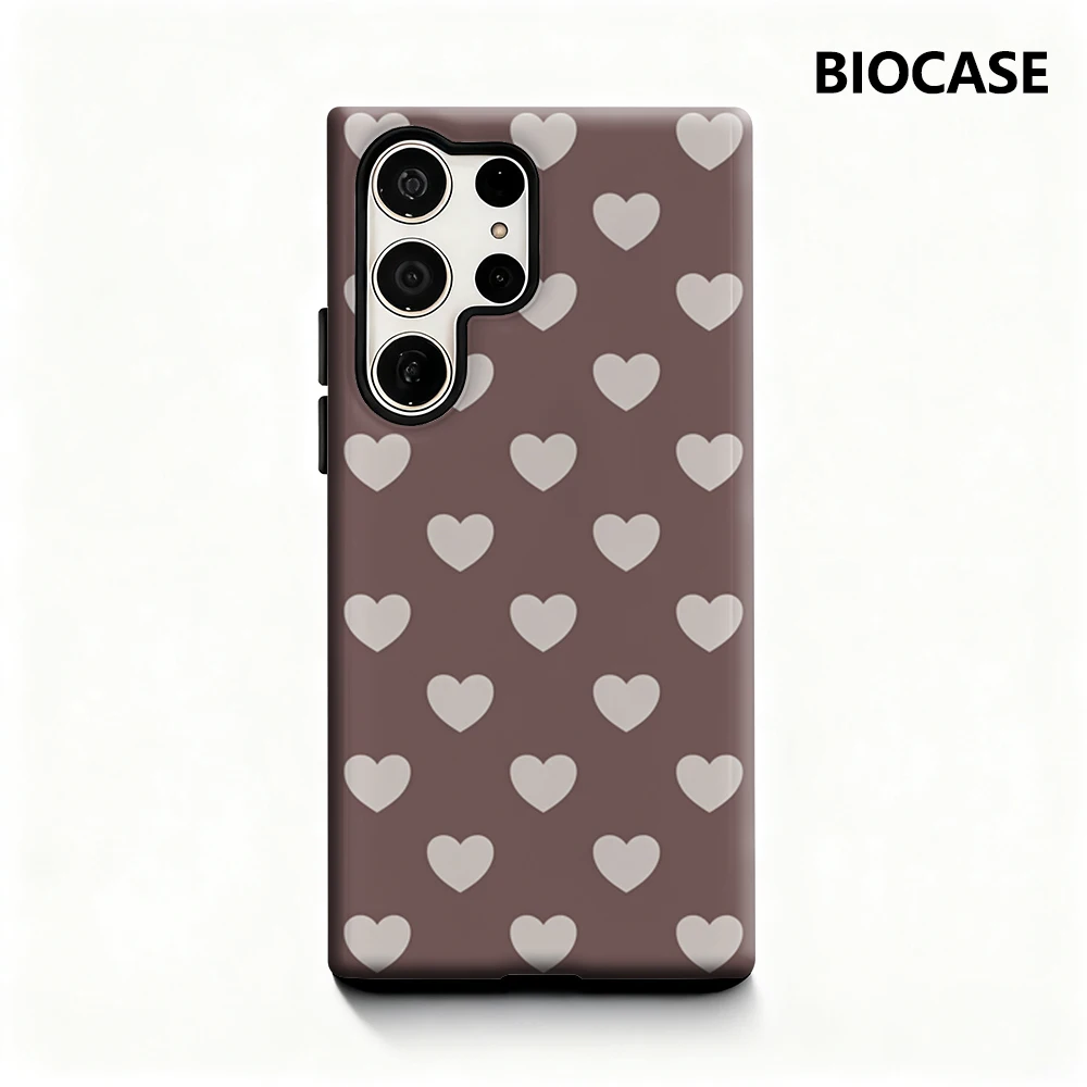 Brown Heart Phone Case for Samsung Galaxy S25 Ultra S24 S23 Ultra Plus Glossy Double-layer Back Cover