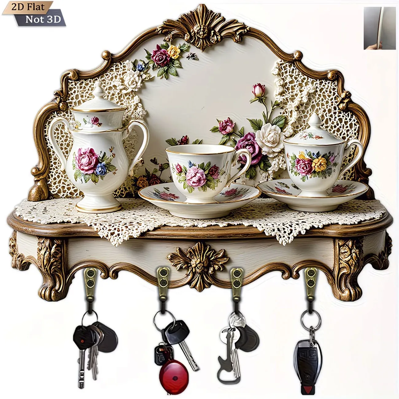 Vintage Tea Set Key Holder, 2D Flat Print Wall Mounted Key Rack with 4 Hooks, Floral Porcelain Home Decor