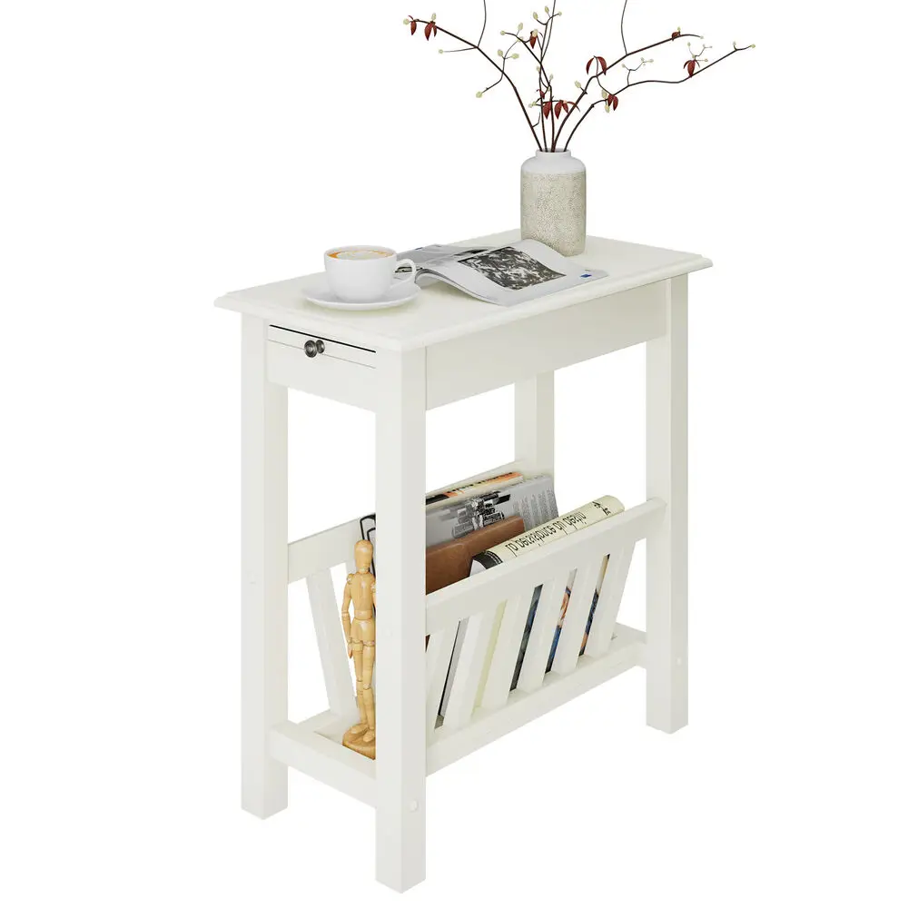 Costway End Table Pull-out Tray Shelf Accent Side Nightstand Rubber Wood Leg White