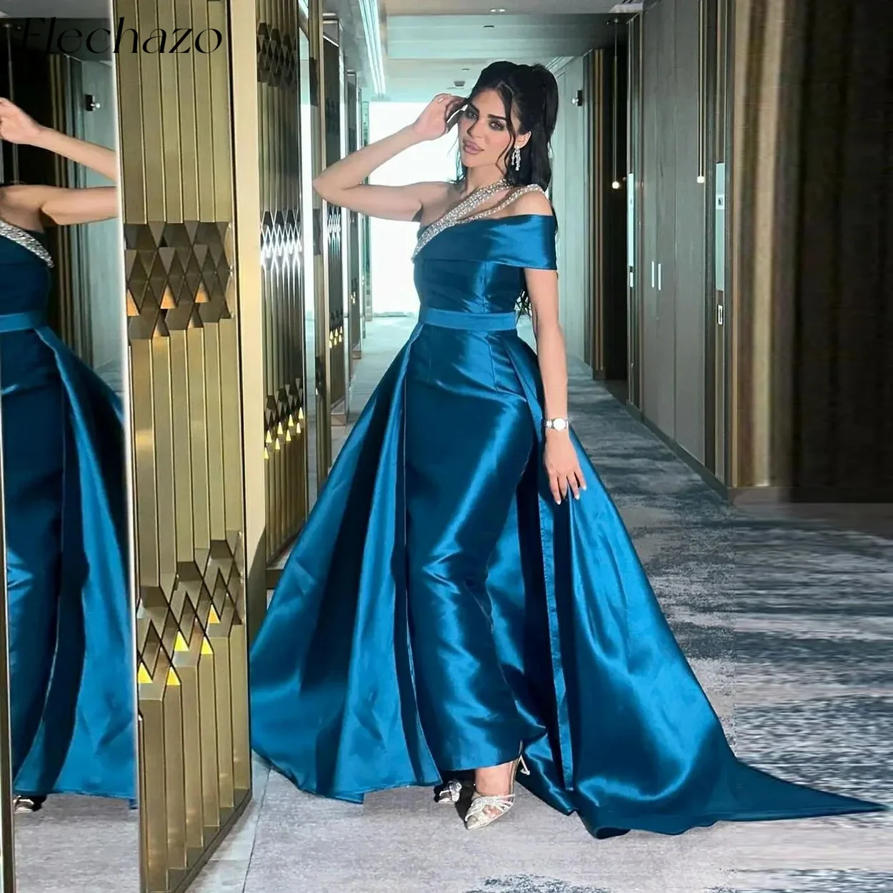 

Flechazo Royal Blue Satin Prom Dresses One Shoulder Beads Floor-Length Formal Party Dress For Women 2024 Saudi فساتين السهرة