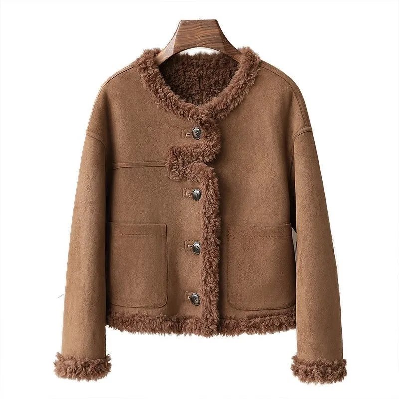 

Новинка осени/зимы 2023, 100% шерстяная шуба с частицами меха, двусторонний топ с круглым вырезом